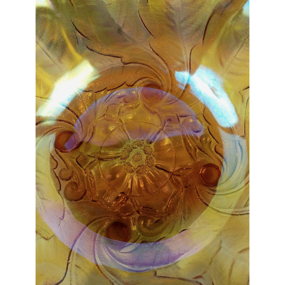 Indiana Glass Flower & Leaf Marigold Carnival Scalloped Footed Serving Bowl 9" - Picture 6 of 12